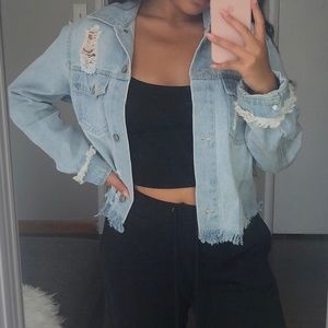 Cropped Distressed Denim Jacket